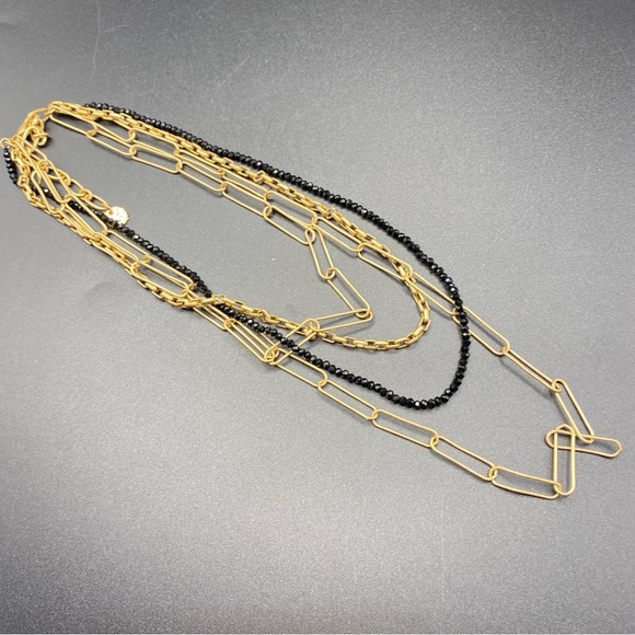 Gold Tone Paper Clip Multistrand Necklace Black Beads Layered - Picture 6 of 7
